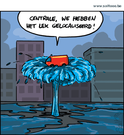 Thema van de cartoon op deze pagina: De brandweerploeg heeft het lek al snel gelocaliseerd, klik op de cartoon om naar de volgende te gaan