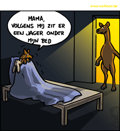 Thema van de cartoon op deze pagina: Mama help er zit iets onder mijn bed, klik op de cartoon om naar de volgende te gaan