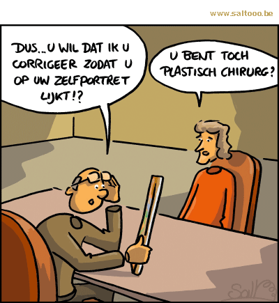 Thema van de cartoon op deze pagina: Een plastisch chirurg om het zelfportret van een schilder te redden, klik op de cartoon om naar de volgende te gaan