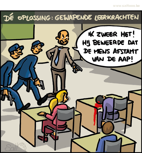 Thema van de cartoon op deze pagina: Trump wil in Amerikda de leerkrachten van wapens voorzien, klik op de cartoon om naar de volgende te gaan