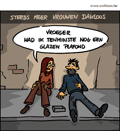 Thema van de cartoon op deze pagina: Het aantal dakloze vrouwen neemt snel toe, klik op de cartoon om naar de volgende te gaan