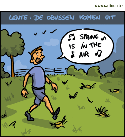 Thema van de cartoon op deze pagina: In de lente komen ook de obussen uit, klik op de cartoon om naar de volgende te gaan
